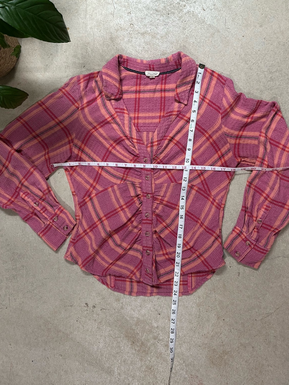 Anthropologie Pilcro Ruched Deep V-Neck Pink Buttondown Plaid Blouse Women’s M - Picture 9 of 10